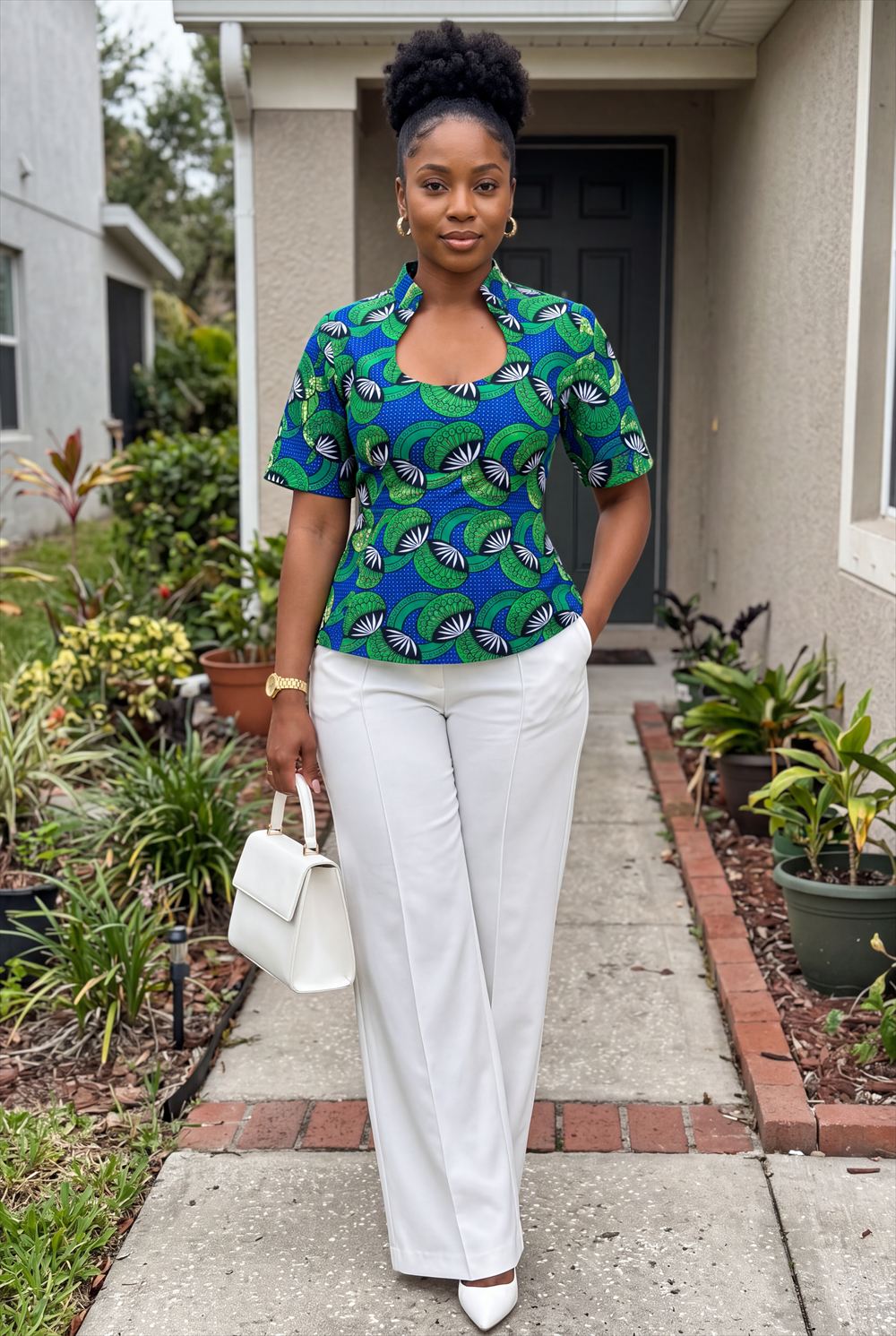 Illustration of a MariFel design: fitted blue and green wax-print top with a stand-up split collar and keyhole neckline, styled with white wide-leg trousers