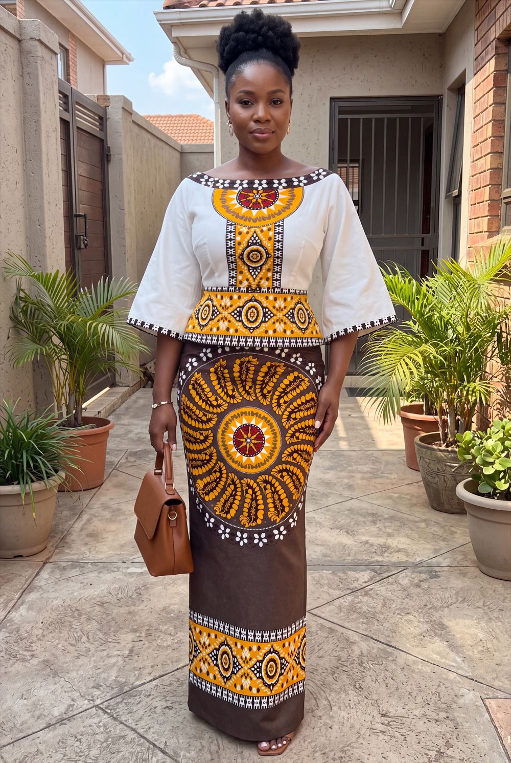 Illustration of a MariFel design: white bell-sleeve top with a yellow wax-print medallion panel and peplum, worn with a brown maxi skirt featuring a large circular wax-print medallion